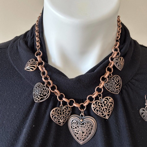 Necklace Earring Set Heart Statement Jewelry Adjustable Copper Beauty Accessory - Picture 4 of 11